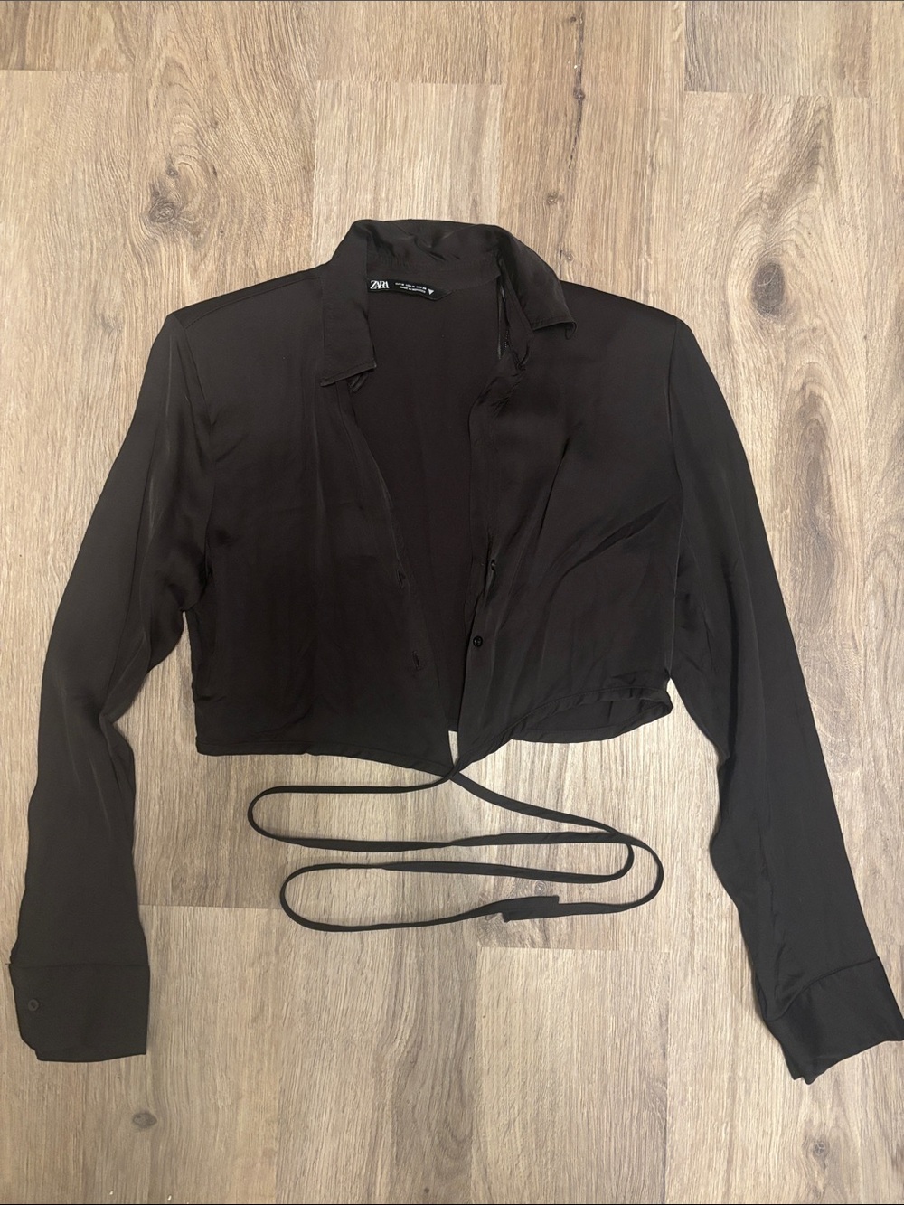 Zara Black Cropped Wrap Button-Down Shirt